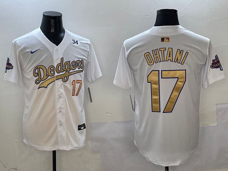 Men Los Angeles Dodgers 17 Ohtani White Champion gold character 2025 Nike MLB Jersey style 4